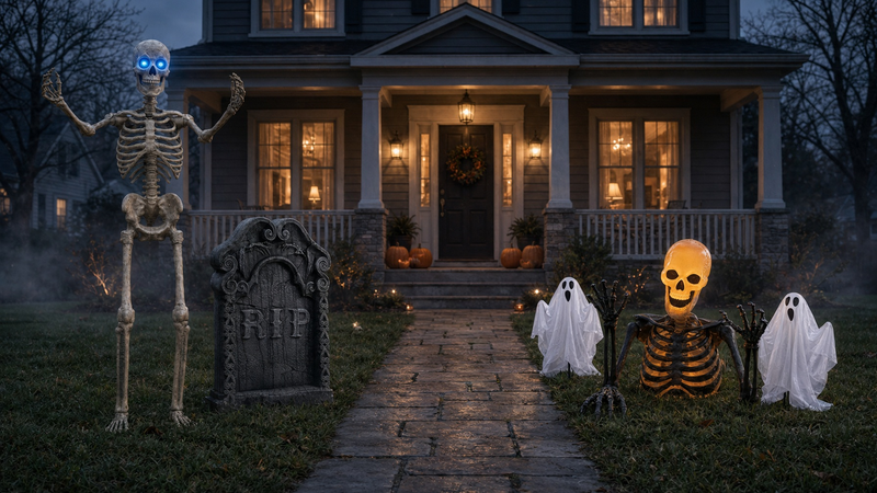 Gothic front yard scary Halloween decor at night - staked props on grass with walkway clear