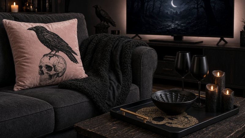 Cozy gothic Halloween movie night living room