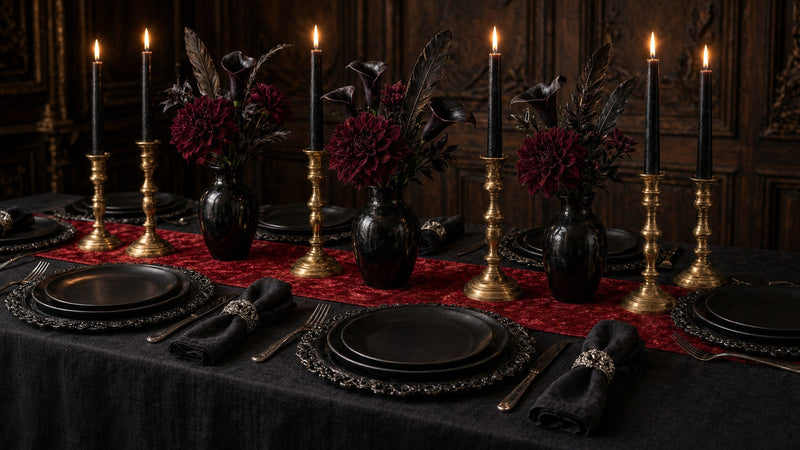 Vamp romantic Halloween supper tablescape with black linen, oxblood velvet, and candlelight
