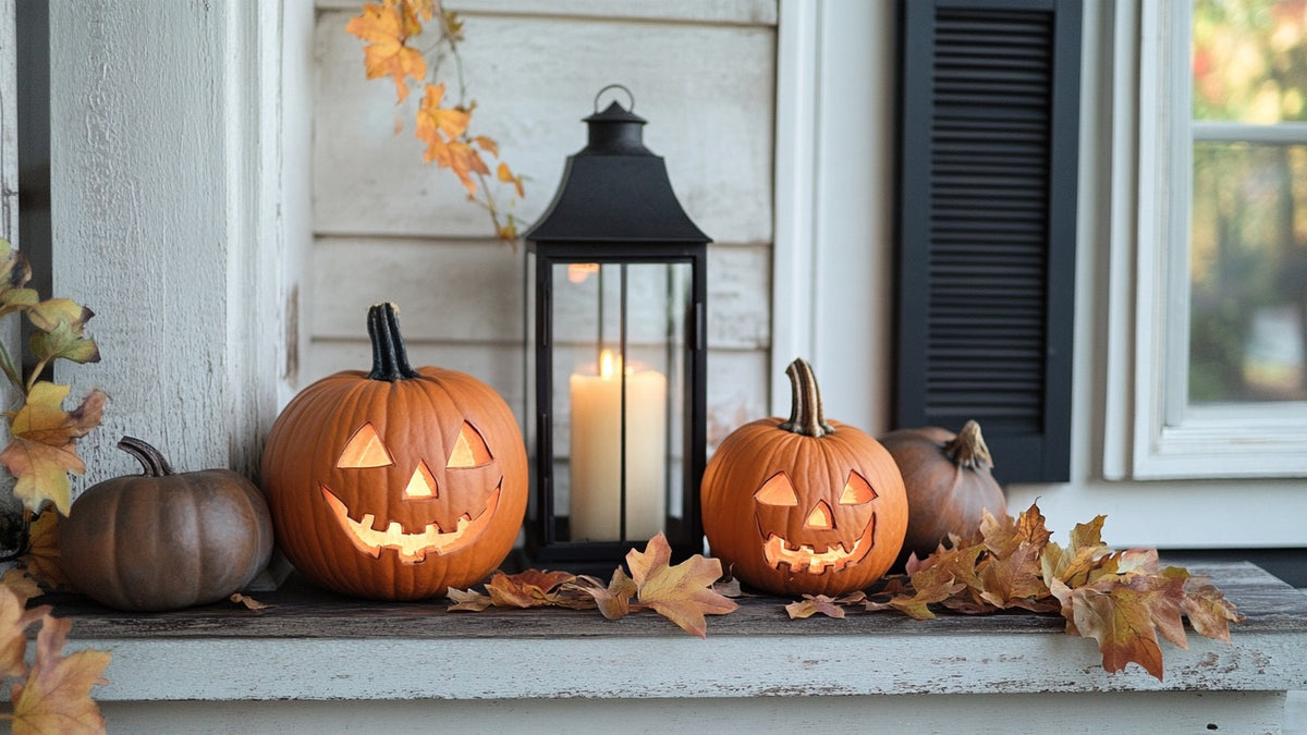 Handmade Halloween porch with pumpkins, lantern, and autumn leaves at dusk