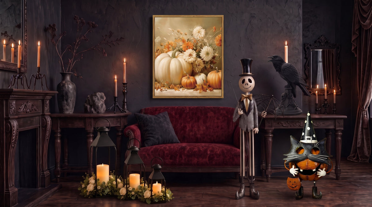 Gothic Halloween living room with Amazon-matched decor