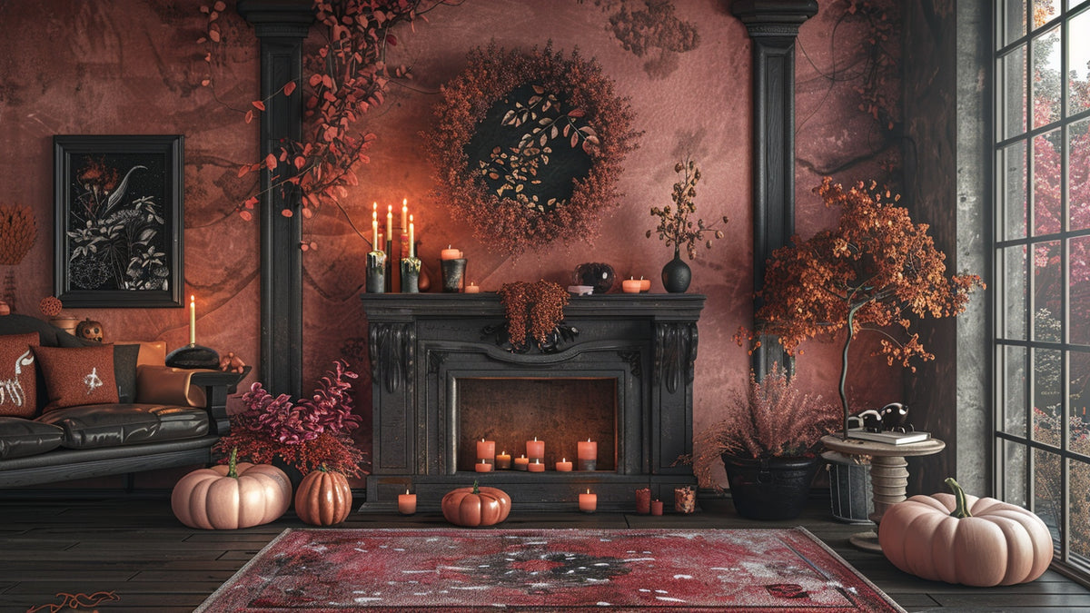 Dusty pink Halloween mantel grounded with black and orange accents