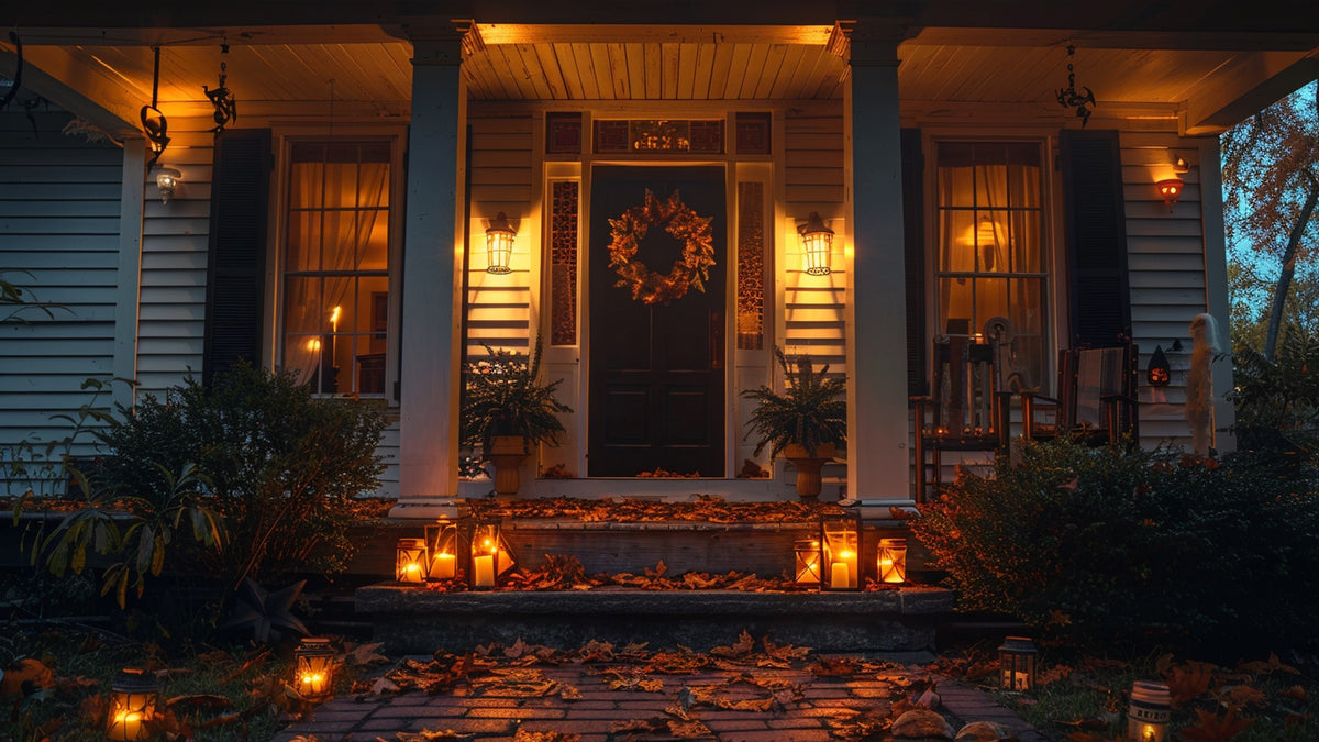 Front porch after dark with layered warm bulbs and deep shadows
