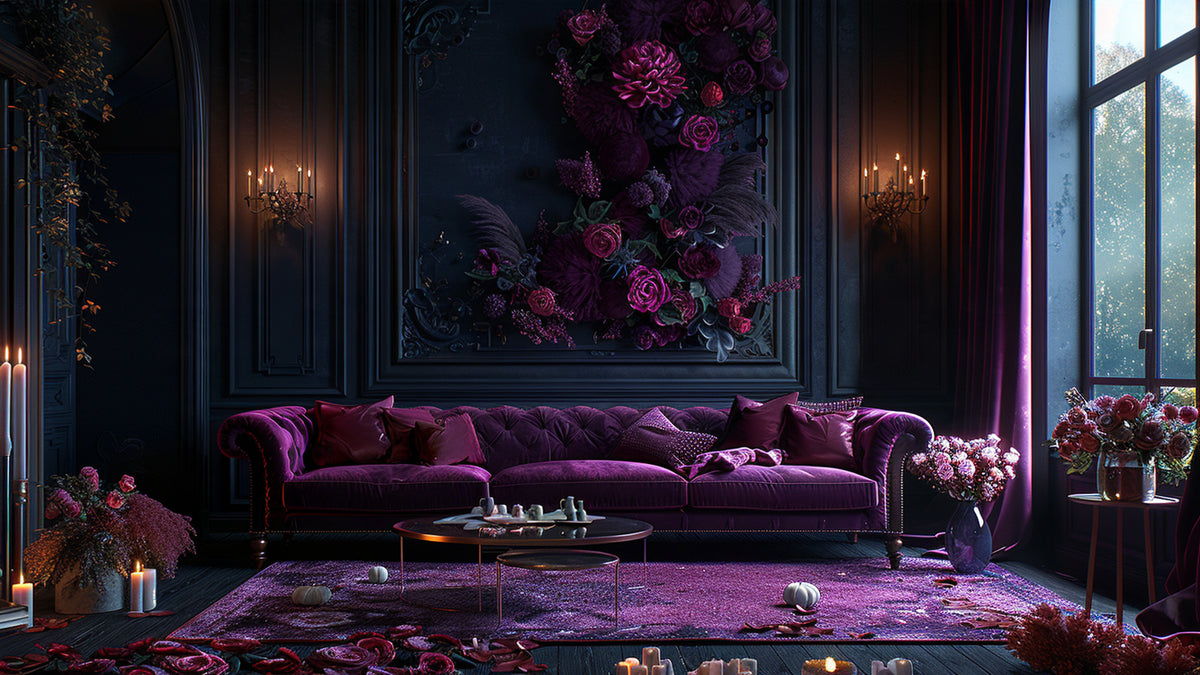 Romantic gothic Halloween living room with plum velvet and candlelight