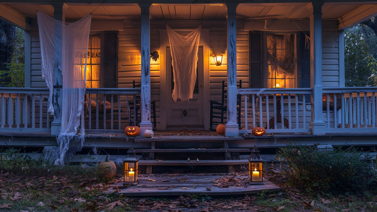 Porch at dusk with handmade cheesecloth DIY ghosts