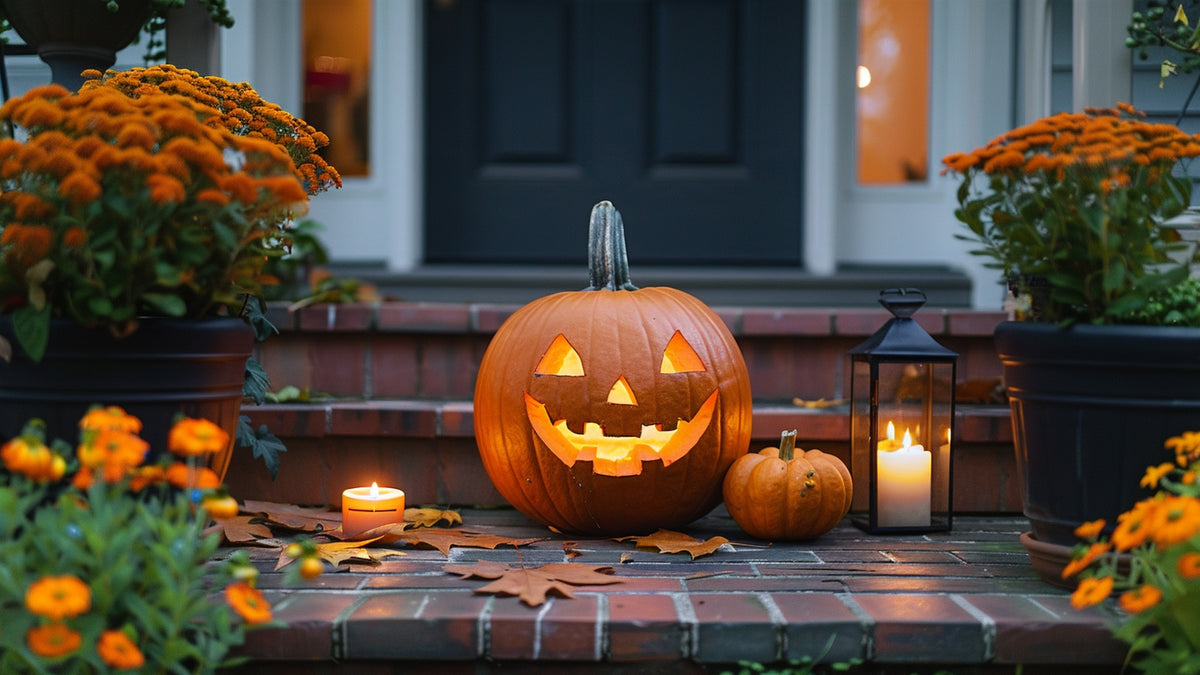 Early-season porch at first-shift dusk with mostly uncarved pumpkins