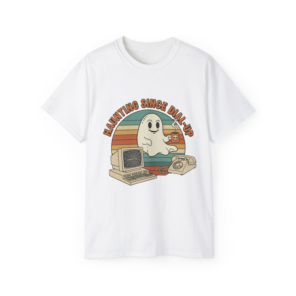Vintage Ghost Tee, Unisex Retro Shirt, Nostalgic Halloween T-Shirt, Dial-Up Internet Humor, Halloween Gift for Geeks