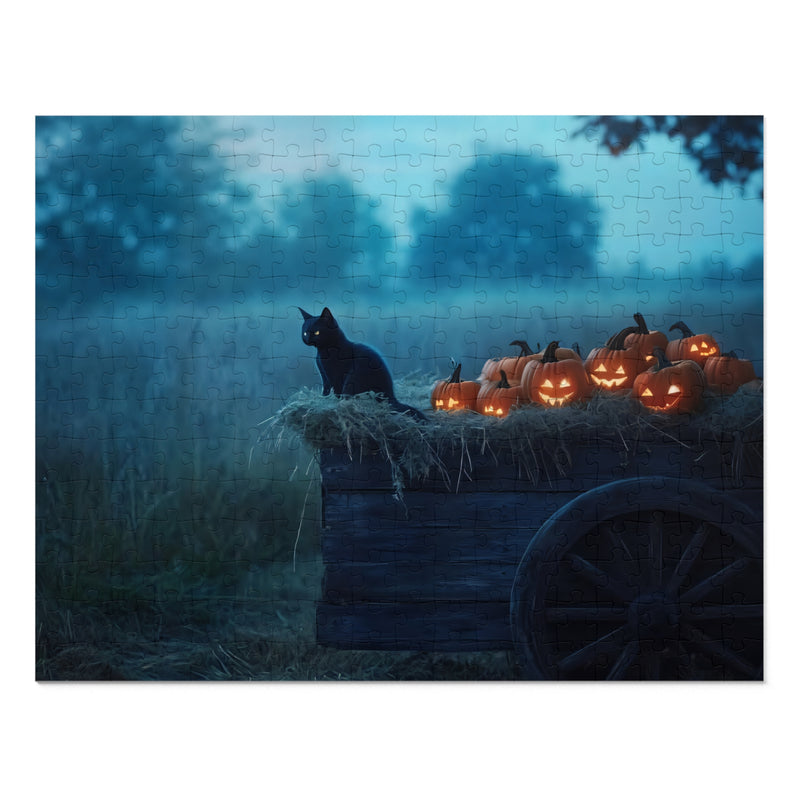 Halloween Jigsaw Puzzle with Tin - Black Cat & Pumpkins, Fall Decor, Cozy Family Activity, Spooky Gift, Autumn Puzzle